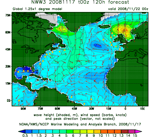 A wind and wave forecast for the North Atlantic Ocean. Two areas of high waves are identified: One west of the southern tip of Greenland, and the other in the North Sea. Calm seas are forecast for the Gulf of Mexico. Wind barbs show the expected wind strengths and directions at regularly spaced intervals over the North Atlantic.