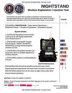 NIGHTSTAND – Mobile device that introduces NSA software to computers up to 8&nbsp;mi (13&nbsp;km) away via wireless LAN