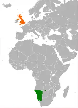 Map indicating locations of Namibia and United Kingdom