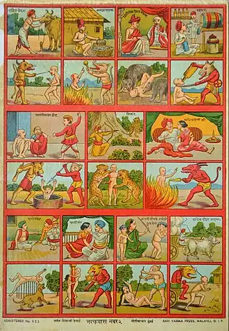 Karṇī-bharṇī lithograph by Ravi Varma Press depicting sins and punishments