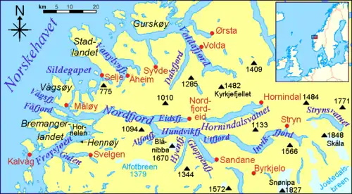 Map of Nordfjorden with branches and surroundings.