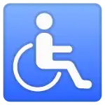Emoji of the International Symbol of Access, depicting a white line figure of a person seated over the axis of a wheelchair on blue background