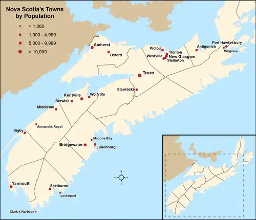 Map showing locations of Nova Scotia's towns