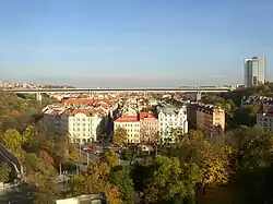Nuselský most spanning the valley as seen from walls of Vyšehrad.