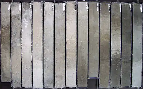 Sediment core, taken with a gravity corer by the research vessel POLARSTERN in the South Atlantic; light/dark-coloured changes are due to climatic variation of the Quaternary; basis age of the core is about 1 million years.