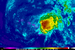 Animated infrared satellite imagery of Tropical Storm Olivia making landfalls on Maui and Lanai, Hawaii, on September 12