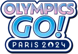 A logo with pink and blue text reading "Olympics Go! Paris 2024".