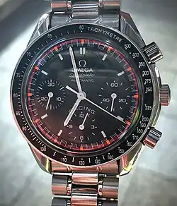 Mechanical chronograph Omega Speedmaster having two buttons (start/stop and reset) besides the crown