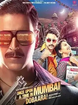 The bust of the title character, Shoaib Khan Akshay Kumar) wearing black full frame sunglasses consisting of the reflection from streetlights dotting the coast line of the city and a black suit and a purple and violet striped shirt underneath holding a gun in his hand occupies a significant portion of the poster, mostly left and lower-front. In this case, the city being Mumbai, or Bombay as it was known in the period in which the film is set in. The other male lead of the film is facing front wearing a denim jacket, saffron shirt and stylised sunglasses holding his shirt-collar up with a woman breaking into laughter resting on his chest looking upwards. The backdrop consists of verandahs of chawls of Mumbai and a waxing crescent moon in the sky. The title logo of the film and credits below.