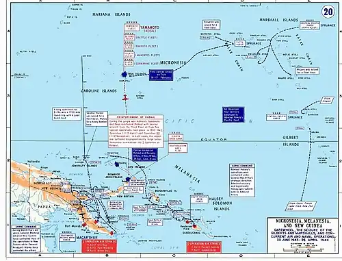 Colour map of the New Guinea, Bismark Islands, Solomon Islands and Central Pacific area marked with the main movements of Allied and Japanese forces between June 1943 and April 1944 as described in the article