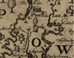Orapax settlement included in Captain John Smith's 1624 map of Virginia