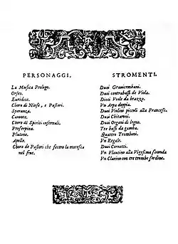 A decorated page showing two lists, respectively headed "Personaggi" (a list of characters) and "Stromenti"