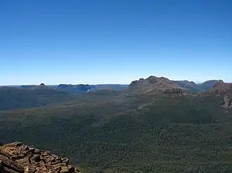 Mount Ossa, Tasmania's highest mountain from Pelion West on the right and Pelion East, the spire-like mountain on the left