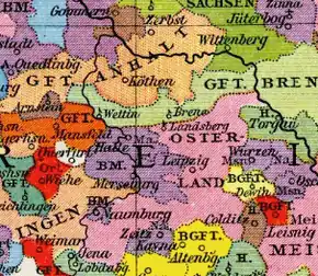 Bishoprics of Merseburg, Naumburg and Zeitz (violet) about 1250