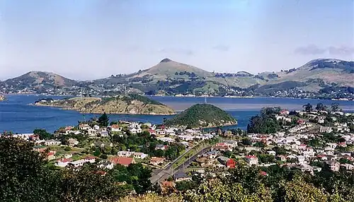 View across Port Chalmers and Otago Harbour to Otago Peninsula