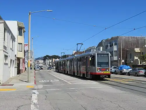 An outbound train at Taraval and 42nd Avenue, 2018