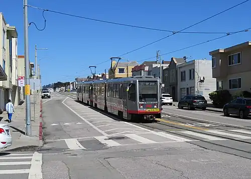An outbound train at Taraval and 44th Avenue, 2018