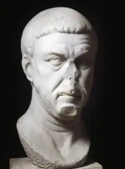 Over life-sized (46.8 cm tall) marble head of a Tetrarch. It may depict Maximian, but could instead depict Diocletian or any other Tetrarch.