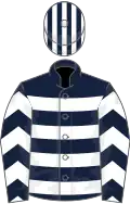 Dark blue and white hoops, white chevrons on sleeves, striped cap