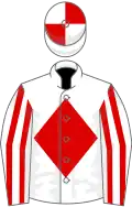 White, red diamond, striped sleeves, quartered cap