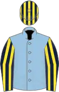 Light blue, dark blue and yellow striped sleeves and striped cap