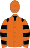 Orange, black epaulets, hooped sleeves, orange cap