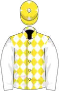 Yellow and white diamonds, white sleeves, yellow cap, white stars