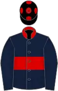 Dark blue, red hoop, collar and spots on black cap