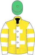 Yellow, white cross of lorraine, white and yellow hooped sleeves, emerald green cap