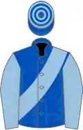 ROYAL BLUE, light blue sash and sleeves, hooped cap