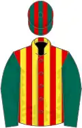 Red and yellow stripes, dark green sleeves, red and green striped cap