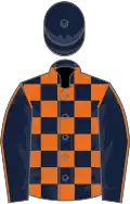 Dark blue and orange check, orange seams on sleeves, dark blue cap