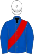 Royal blue, red sash, white cap