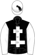 BLACK, white cross of lorraine and sleeves, white cap, black tassel
