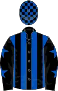 Black and royal blue stripes, black sleeves, royal blue stars, check cap