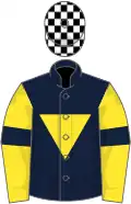 Dark blue, yellow inverted triangle, yellow sleeves, dark blue armlet, black and white check cap
