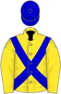 Yellow, blue cross-belts and cap