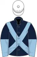Dark blue, light blue cross sashes, dark blue and light blue halved sleeves, white cap