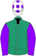 Emerald green, violet sleeves and spots on white cap
