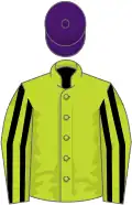 Lime green, black striped sleeves, purple cap