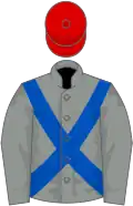 Grey, royal blue cross belts, red cap