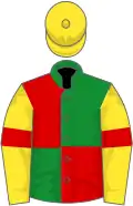 Green and red (quartered), yellow sleeves, red armlets, yellow cap
