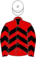 Red and black chevrons, white cap