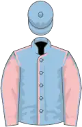 Light blue, pink seams, pink sleeves, light blue seams