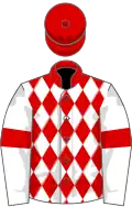 Red and white diamonds, white sleeves, red armlets, red cap