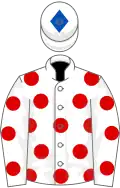 White, red spots, white cap, royal blue diamond