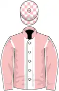 Pink, white stripe, pink sleeves, white seams, check cap