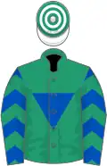 Emerald green, royal blue inverted triangle, royal blue sleeves, emerald green chevrons, white and emerald green hooped cap