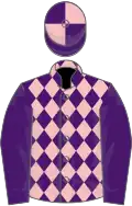 Pink, purple diamonds, purple sleeves, quartered cap