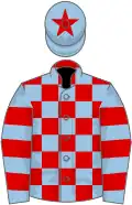 Red and light blue check, light blue and red hooped sleeves, light blue cap, red star